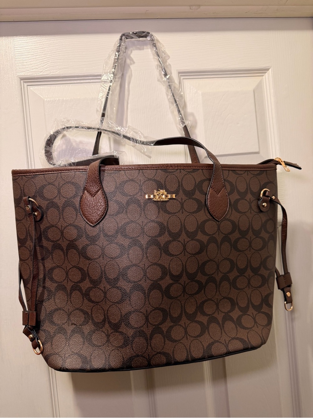 C Brown Signature Canvas City Tote with Gold Hardware